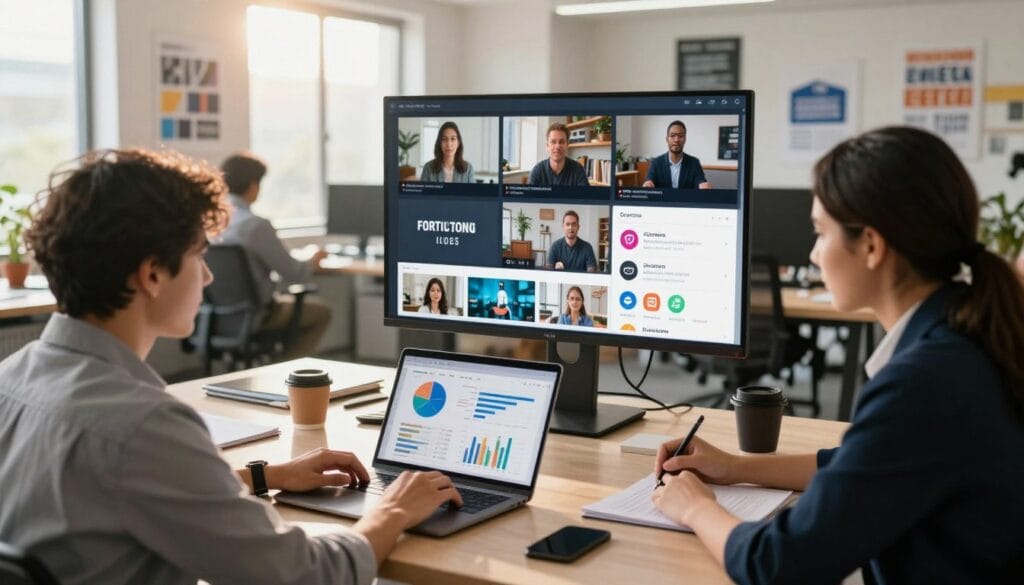 A modern workspace illustrating video content optimization for SEO and multi-platform distribution. In the foreground, a diverse group of professionals, dressed in business attire, collaboratively analyzing charts and graphs on a laptop, showcasing video performance metrics. In the middle, a large digital screen displays video thumbnails and analytics showcasing different social media platforms. The background features a bright, open office with large windows, natural sunlight streaming in, and motivational posters on the walls. Use a soft, warm lighting to create an inviting atmosphere, capturing a sense of teamwork and innovation. The perspective should be a wide-angle view, emphasizing the dynamic environment of digital marketing strategies.