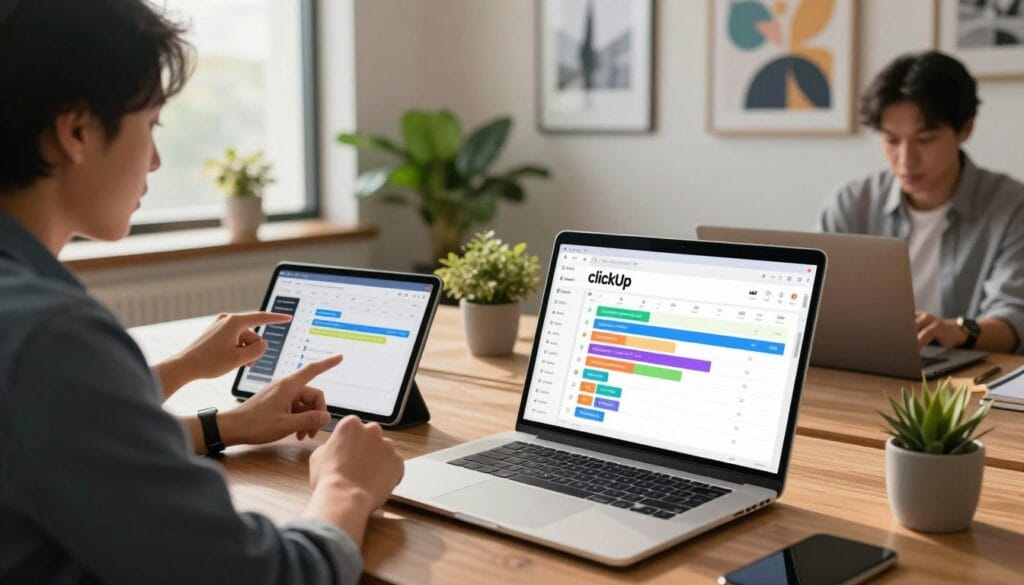 A modern workspace showcasing ClickUp's task management features. In the foreground, a sleek laptop displays an organized task hierarchy on the screen, with vibrant color-coded tasks and sub-tasks. To the left, a professional individual in business attire is engaged in a collaborative discussion with a colleague, who is pointing at a digital tablet demonstrating ClickUp's interface. The middle ground features a stylish office environment with potted plants and motivational artwork on the walls. The background includes large windows allowing warm, natural light to fill the space, creating an inviting and productive atmosphere. The scene conveys a sense of teamwork, efficiency, and modern project management. Use a slightly elevated angle for a comprehensive view, with soft lighting that highlights the workspace's professionalism and creativity. A modern workspace showcasing ClickUp's task management features. In the foreground, a sleek laptop displays an organized task hierarchy on the screen, with vibrant color-coded tasks and sub-tasks. To the left, a professional individual in business attire is engaged in a collaborative discussion with a colleague, who is pointing at a digital tablet demonstrating ClickUp's interface. The middle ground features a stylish office environment with potted plants and motivational artwork on the walls. The background includes large windows allowing warm, natural light to fill the space, creating an inviting and productive atmosphere. The scene conveys a sense of teamwork, efficiency, and modern project management. Use a slightly elevated angle for a comprehensive view, with soft lighting that highlights the workspace's professionalism and creativity.
