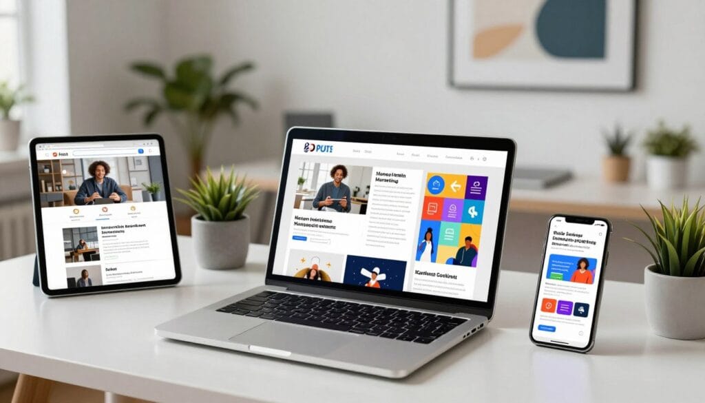 A modern workspace showcasing diverse e-commerce content marketing formats. In the foreground, a sleek laptop displays various marketing materials, including product videos, engaging blog snippets, and vibrant social media graphics. To the left, a tablet shows a well-designed email newsletter. In the middle, an infographic highlights key marketing statistics, while a smartphone displays an interactive ad. The background features a minimalist office setting with soft ambient lighting, plants adding a touch of greenery, and a modern art piece on the wall. The atmosphere is vibrant and productive, suggesting innovation in e-commerce strategies. The image is captured from a slight overhead angle, giving a comprehensive view of the workspace, emphasizing clarity and organization. A modern workspace showcasing diverse e-commerce content marketing formats. In the foreground, a sleek laptop displays various marketing materials, including product videos, engaging blog snippets, and vibrant social media graphics. To the left, a tablet shows a well-designed email newsletter. In the middle, an infographic highlights key marketing statistics, while a smartphone displays an interactive ad. The background features a minimalist office setting with soft ambient lighting, plants adding a touch of greenery, and a modern art piece on the wall. The atmosphere is vibrant and productive, suggesting innovation in e-commerce strategies. The image is captured from a slight overhead angle, giving a comprehensive view of the workspace, emphasizing clarity and organization.
