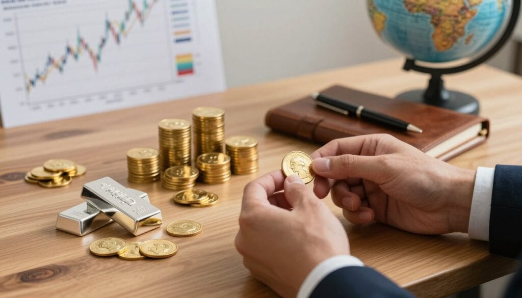 A polished wooden table displaying an assortment of gold and precious metal investment options, such as gold coins, silver bars, and platinum ingots. In the foreground, a pair of hands in professional business attire is examining a gold coin under a soft, diffused light that enhances its shine. The middle ground features a neatly arranged stack of precious metals alongside a well-worn leather notebook and a sleek pen, symbolizing careful planning and investment. In the background, a blurred financial chart and an elegant globe suggest a global market perspective. The overall atmosphere is one of sophistication and serious financial acumen, illuminated by warm lighting that evokes a sense of optimism for new investors venturing into gold and precious metals.