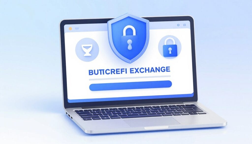 A professional 3D isometric illustration showing a modern cryptocurrency exchange registration screen on a sleek laptop, featuring security icons like a shield and a lock, with a soft blue and white digital gradient background.