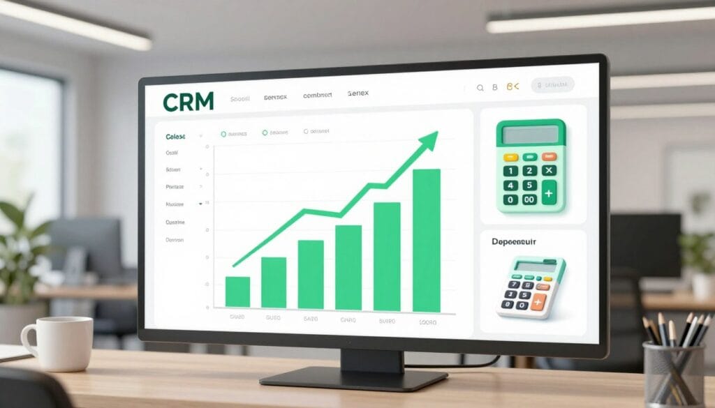 A professional 3D render of a modern business dashboard showing a CRM software interface with green rising bar charts, a calculator icon, and a clean office background, 4k, soft studio lighting. A professional 3D render of a modern business dashboard showing a CRM software interface with green rising bar charts, a calculator icon, and a clean office background, 4k, soft studio lighting.