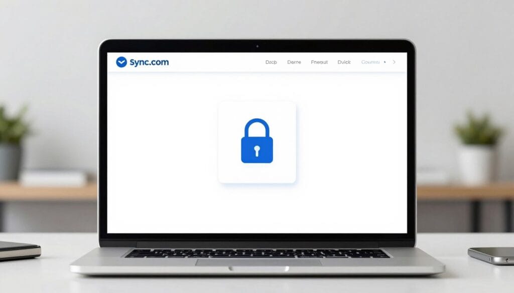 A professional and clean digital interface of Sync.com displayed on a modern laptop screen, featuring a prominent padlock icon and a secure file vault dashboard, soft blue and white color palette, minimalist office background. A professional and clean digital interface of Sync.com displayed on a modern laptop screen, featuring a prominent padlock icon and a secure file vault dashboard, soft blue and white color palette, minimalist office background.