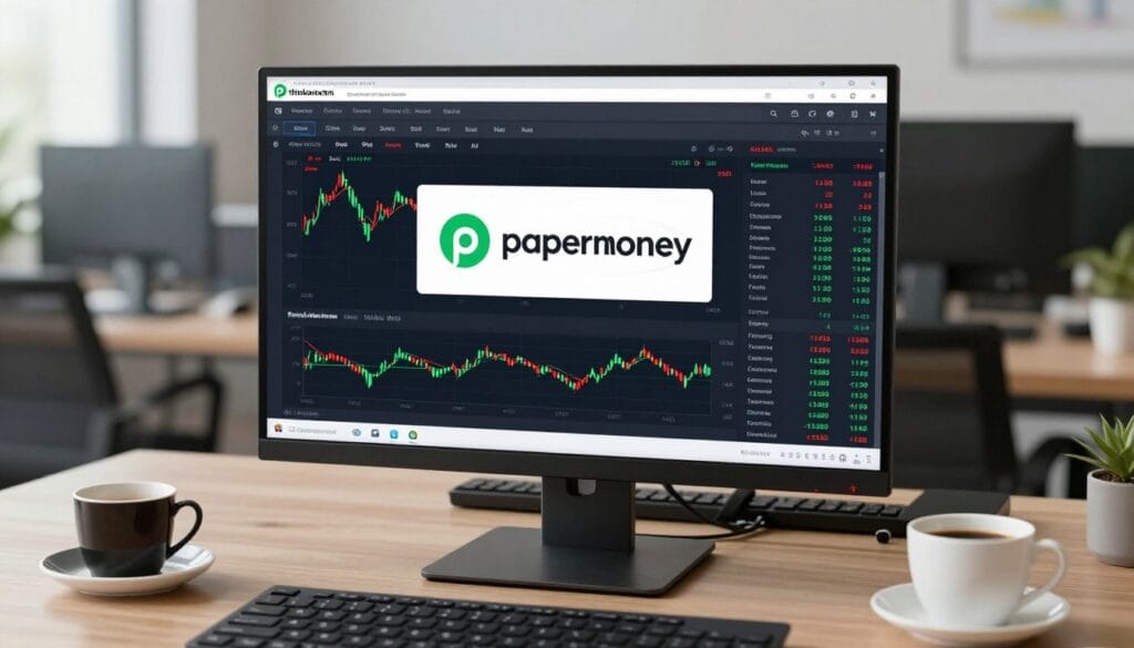 A professional and modern digital interface showing the thinkorswim trading simulator on a desktop monitor, featuring green and red stock charts, a paperMoney logo, and a clean workspace with a cup of coffee nearby, high-resolution, realistic financial office setting.