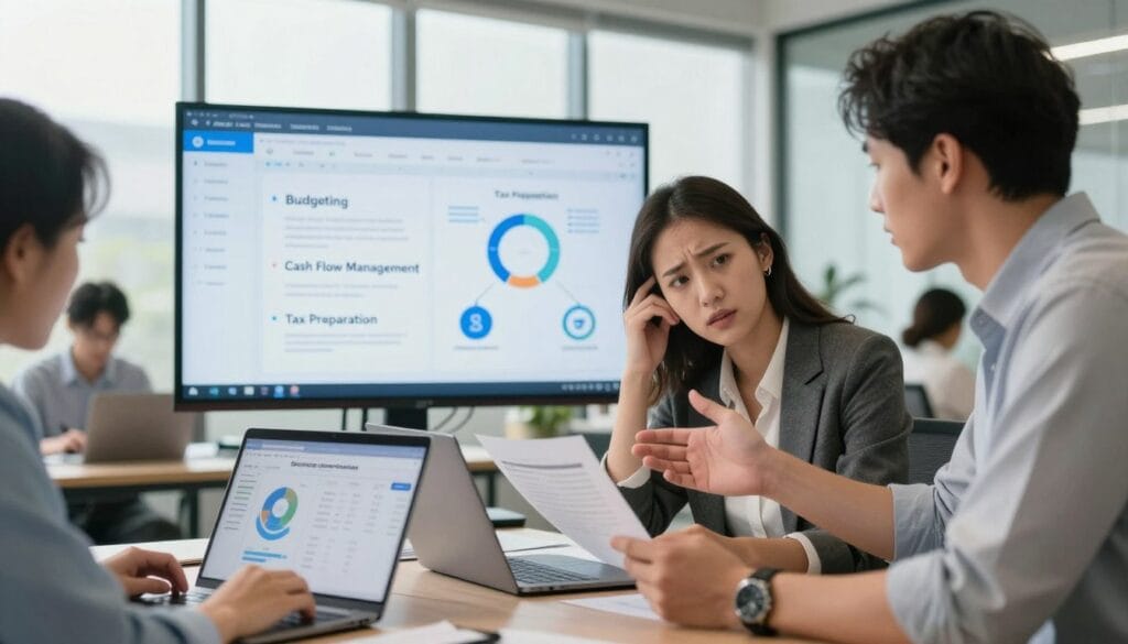 A professional and modern office environment showcasing a diverse group of small business owners discussing common accounting challenges. In the foreground, a worried-looking woman in business attire reviews financial documents and charts on a laptop, while a man beside her gestures toward a visible accounting software interface on another device. The middle ground features a large digital screen displaying key issues like “Budgeting”, “Cash Flow Management”, and “Tax Preparation” with visual icons. In the background, a bright and welcoming office with large windows allows soft natural light to illuminate the scene, creating an atmosphere of productivity and collaboration. The focus is on problem-solving, emphasizing teamwork and innovative solutions through technology. Ideal composition with a slightly elevated angle for depth. A professional and modern office environment showcasing a diverse group of small business owners discussing common accounting challenges. In the foreground, a worried-looking woman in business attire reviews financial documents and charts on a laptop, while a man beside her gestures toward a visible accounting software interface on another device. The middle ground features a large digital screen displaying key issues like “Budgeting”, “Cash Flow Management”, and “Tax Preparation” with visual icons. In the background, a bright and welcoming office with large windows allows soft natural light to illuminate the scene, creating an atmosphere of productivity and collaboration. The focus is on problem-solving, emphasizing teamwork and innovative solutions through technology. Ideal composition with a slightly elevated angle for depth.