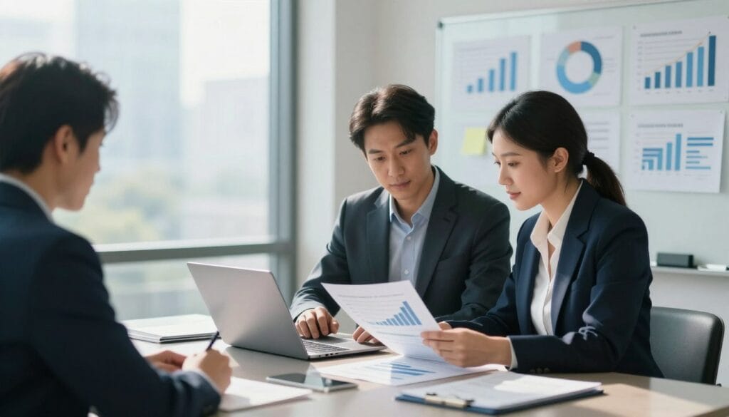 A professional and modern office setting focused on franchise investment opportunities. In the foreground, a diverse group of two business professionals, a man in a tailored suit and a woman in a smart business dress, study financial documents and charts on a sleek conference table with a laptop open, showcasing graphs and projections. The middle ground includes a large window with natural light flooding the room, casting soft shadows and creating a bright atmosphere. In the background, a whiteboard filled with strategy points and investment ideas highlights the seriousness of financial planning. The overall mood is one of optimism and determination, with a color palette of blues and greens for a calming yet focused vibe, captured with a shallow depth of field to emphasize the professionals. A professional and modern office setting focused on franchise investment opportunities. In the foreground, a diverse group of two business professionals, a man in a tailored suit and a woman in a smart business dress, study financial documents and charts on a sleek conference table with a laptop open, showcasing graphs and projections. The middle ground includes a large window with natural light flooding the room, casting soft shadows and creating a bright atmosphere. In the background, a whiteboard filled with strategy points and investment ideas highlights the seriousness of financial planning. The overall mood is one of optimism and determination, with a color palette of blues and greens for a calming yet focused vibe, captured with a shallow depth of field to emphasize the professionals.