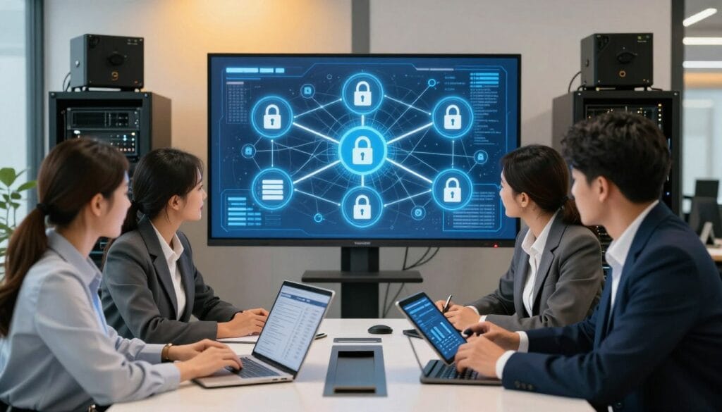 A professional and modern office setting showcases technology safeguards for small businesses. In the foreground, a diverse group of three professionals in business attire collaborates around a sleek conference table, analyzing data on a laptop and a tablet, emphasizing teamwork in cybersecurity. In the middle, a large screen displays a graphical representation of a secure network, with icons symbolizing firewalls, encryption, and data backups. The background features a well-organized office with servers and security monitoring equipment, under warm, natural lighting that creates a focused, yet inviting atmosphere. The composition should convey a sense of security, professionalism, and innovation, capturing the essence of technology safeguards in a business environment. A professional and modern office setting showcases technology safeguards for small businesses. In the foreground, a diverse group of three professionals in business attire collaborates around a sleek conference table, analyzing data on a laptop and a tablet, emphasizing teamwork in cybersecurity. In the middle, a large screen displays a graphical representation of a secure network, with icons symbolizing firewalls, encryption, and data backups. The background features a well-organized office with servers and security monitoring equipment, under warm, natural lighting that creates a focused, yet inviting atmosphere. The composition should convey a sense of security, professionalism, and innovation, capturing the essence of technology safeguards in a business environment.
