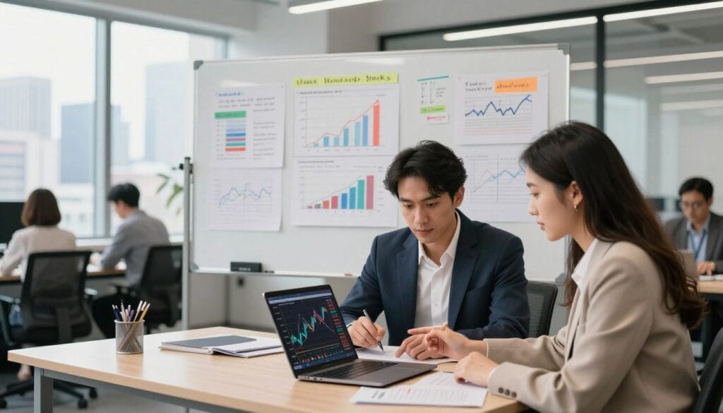 A professional and stylish workspace depicting practical ways to trade and invest in undervalued stocks. In the foreground, a diverse group of two business professionals, one male and one female, are analyzing stock charts on a laptop and discussing strategies. They are dressed in smart business attire. The middle layer features a large whiteboard filled with colorful charts, graphs, and notes about value investing techniques. In the background, the office has large windows with a view of a bustling city skyline, symbolizing growth and opportunity. The lighting is bright and natural, creating an inviting atmosphere. The image captures a sense of teamwork, professionalism, and financial insight, showcasing a contemporary environment conducive to investment discussions. A professional and stylish workspace depicting practical ways to trade and invest in undervalued stocks. In the foreground, a diverse group of two business professionals, one male and one female, are analyzing stock charts on a laptop and discussing strategies. They are dressed in smart business attire. The middle layer features a large whiteboard filled with colorful charts, graphs, and notes about value investing techniques. In the background, the office has large windows with a view of a bustling city skyline, symbolizing growth and opportunity. The lighting is bright and natural, creating an inviting atmosphere. The image captures a sense of teamwork, professionalism, and financial insight, showcasing a contemporary environment conducive to investment discussions.
