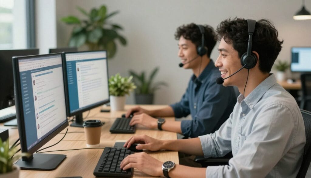 A professional and vibrant customer support team at ScalaHosting is depicted in a modern office environment. In the foreground, two friendly support agents engage in a live chat, showcasing focused expressions and friendly body language, dressed in smart business casual attire. The middle ground features multiple computer screens displaying chat windows and support dashboards. The background includes a sleek office design with plants and soft, modern decor. Warm, natural lighting illuminates the scene, creating an inviting atmosphere. A slight depth of field highlights the support team while adding a professional touch. Overall, the image conveys quick response times and high-quality customer support, emphasizing a collaborative and efficient environment. A professional and vibrant customer support team at ScalaHosting is depicted in a modern office environment. In the foreground, two friendly support agents engage in a live chat, showcasing focused expressions and friendly body language, dressed in smart business casual attire. The middle ground features multiple computer screens displaying chat windows and support dashboards. The background includes a sleek office design with plants and soft, modern decor. Warm, natural lighting illuminates the scene, creating an inviting atmosphere. A slight depth of field highlights the support team while adding a professional touch. Overall, the image conveys quick response times and high-quality customer support, emphasizing a collaborative and efficient environment.