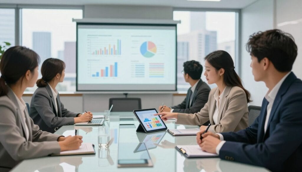 A professional business meeting scene focusing on a diverse group of individuals discussing a business plan. In the foreground, a well-dressed woman points to a colorful, detailed chart displayed on a tablet, while a man in a suit takes notes. In the middle ground, a modern conference room with a large glass table and a projector showing industry-specific graphs and analytics. The background features a large window with a city skyline, hinting at entrepreneurship and opportunity. The lighting is bright and inviting, with a warm glow emphasizing teamwork and collaboration. The overall mood is focused and strategic, conveying a sense of purpose and ambition suitable for attracting investors. A professional business meeting scene focusing on a diverse group of individuals discussing a business plan. In the foreground, a well-dressed woman points to a colorful, detailed chart displayed on a tablet, while a man in a suit takes notes. In the middle ground, a modern conference room with a large glass table and a projector showing industry-specific graphs and analytics. The background features a large window with a city skyline, hinting at entrepreneurship and opportunity. The lighting is bright and inviting, with a warm glow emphasizing teamwork and collaboration. The overall mood is focused and strategic, conveying a sense of purpose and ambition suitable for attracting investors.