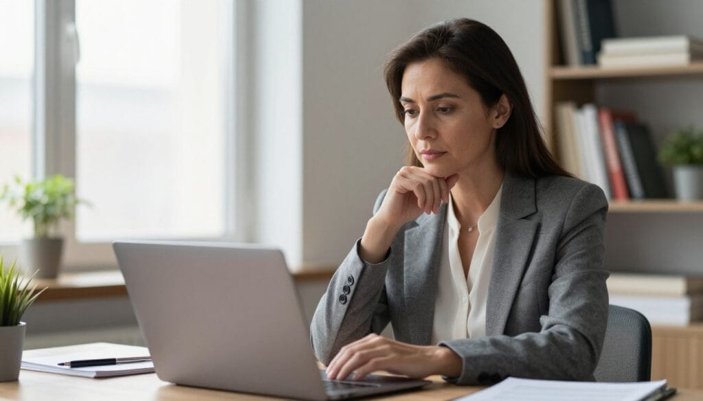 A professional business setting depicting a confident job seeker sitting at a desk with a polished laptop, engaging in a thoughtful response to a salary history question during a virtual interview. The foreground features the individual, a middle-aged woman in smart business attire (a tailored blazer and blouse), intently focused on her screen, with an aura of determination. In the middle ground, a bright window casts soft natural light, highlighting her focused expression. The background contains muted colors, including a bookshelf filled with career development books and a potted plant, creating a calm and professional atmosphere. The scene conveys empowerment and professionalism, with a perspective that feels supportive, emphasizing the importance of navigating salary discussions effectively.