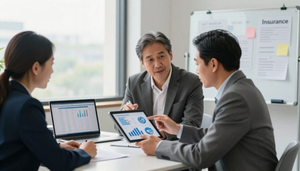 A professional business setting focused on managing insurance costs and customizing coverage. In the foreground, a diverse group of three individuals in professional attire—two middle-aged business professionals (one male, one female) discussing over a digital tablet, showcasing graphs and charts of insurance options. In the middle, an elegant office with a sleek desk, a laptop open with insurance data on the screen, and a whiteboard filled with strategic notes. The background features a large window letting in natural light, creating a bright and optimistic atmosphere. Soft shadows enhance the depth and warmth of the environment, suggesting a collaborative and solution-oriented mood. The composition captures a moment of thoughtful discussion, emphasizing teamwork and informed decision-making in insurance management.
