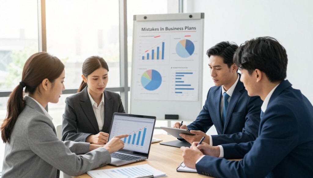 A professional, corporate meeting room featuring a diverse group of four business people engaged in a discussion about a business plan. In the foreground, a well-dressed woman points to a detailed financial graph on a sleek laptop, while a man in a suit continues to take notes on a tablet. In the middle, a whiteboard displays various charts and bullet points illustrating common mistakes in business plans, with red marks highlighting critical errors. The background includes a large window with sunlight streaming in, adding a bright and optimistic atmosphere to the scene. The mood feels serious yet collaborative, emphasizing professionalism and focus. The angle is slightly overhead, capturing the interaction and teamwork among the participants. The lighting is bright and natural, creating a positive yet serious ambiance. A professional, corporate meeting room featuring a diverse group of four business people engaged in a discussion about a business plan. In the foreground, a well-dressed woman points to a detailed financial graph on a sleek laptop, while a man in a suit continues to take notes on a tablet. In the middle, a whiteboard displays various charts and bullet points illustrating common mistakes in business plans, with red marks highlighting critical errors. The background includes a large window with sunlight streaming in, adding a bright and optimistic atmosphere to the scene. The mood feels serious yet collaborative, emphasizing professionalism and focus. The angle is slightly overhead, capturing the interaction and teamwork among the participants. The lighting is bright and natural, creating a positive yet serious ambiance.