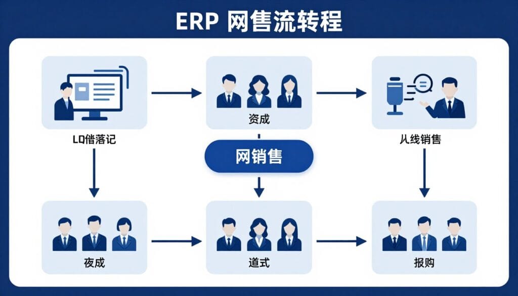A professional diagram showing an ERP platform as a central hub connecting logistics, finance, and online sales channels.