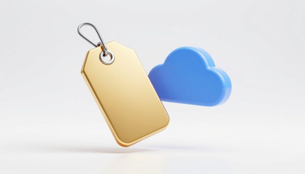 A professional digital 3D render of a gold price tag floating next to a cloud icon, clean white background, soft corporate lighting.