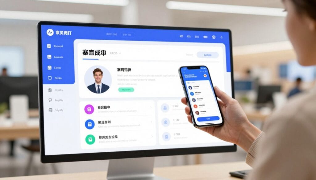 A professional digital dashboard of an omnichannel loyalty platform showing a customer earning points on a smartphone while standing in a modern retail store, clean UI, vibrant colors, 4k resolution.