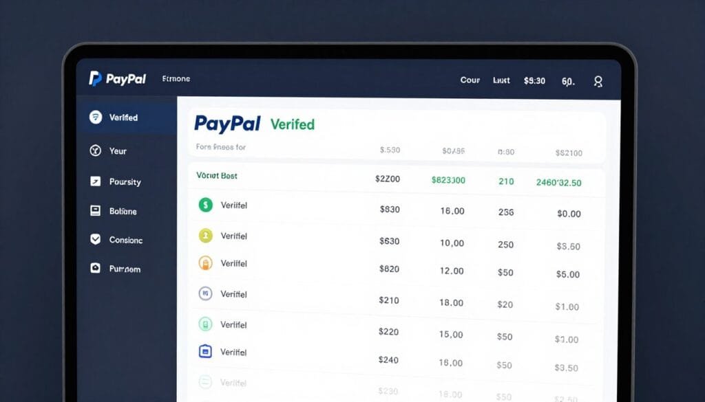 A professional digital dashboard showing a PayPal business account interface with a focus on a "Verified" badge and transaction history. A professional digital dashboard showing a PayPal business account interface with a focus on a "Verified" badge and transaction history.