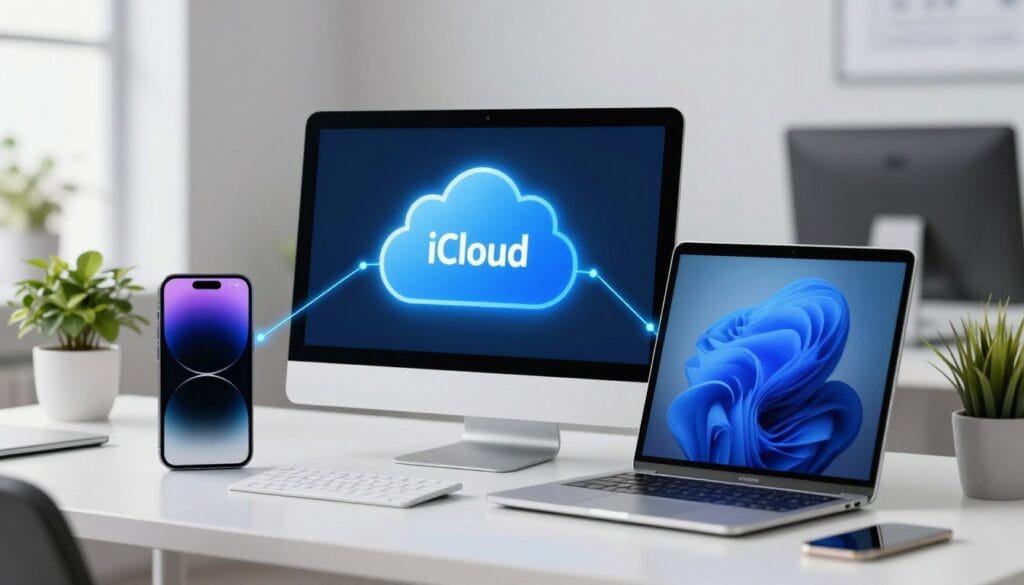 A professional digital illustration of an iPhone, Mac, and iPad seamlessly syncing with a glowing blue cloud icon, representing secure iCloud Plus storage in a modern workspace. A professional digital illustration of an iPhone, Mac, and iPad seamlessly syncing with a glowing blue cloud icon, representing secure iCloud Plus storage in a modern workspace.