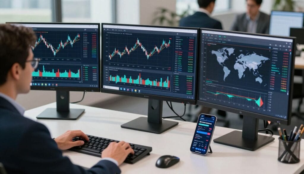 A professional digital workspace featuring a high-end trading setup with three monitors displaying real-time financial charts, the Interactive Brokers desktop interface, and a sleek smartphone showing a global market map, high-quality lighting, professional office environment.