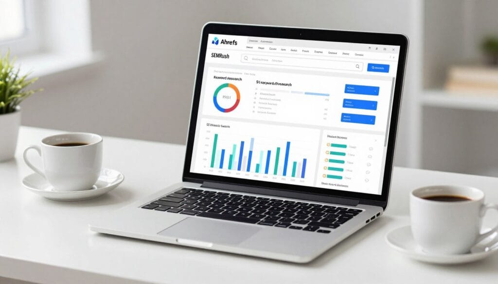 A professional digital workspace showing a laptop screen with SEO keyword research tools like Ahrefs and SEMRush, featuring colorful data visualizations, bar charts, and a search bar on a clean white desk with a coffee cup. A professional digital workspace showing a laptop screen with SEO keyword research tools like Ahrefs and SEMRush, featuring colorful data visualizations, bar charts, and a search bar on a clean white desk with a coffee cup.
