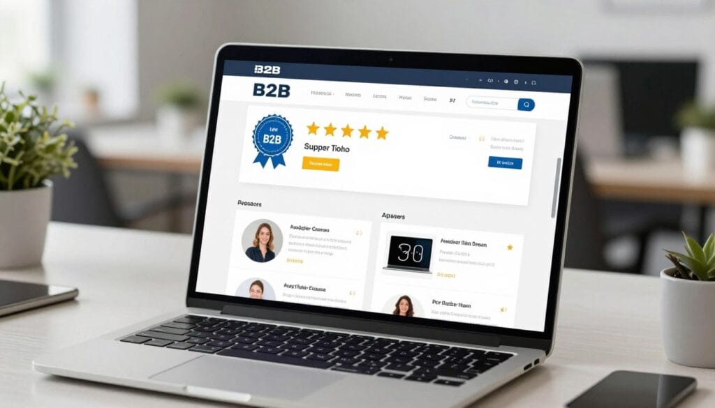 A professional digital workspace showing a laptop screen with a B2B marketplace interface, highlighting supplier verification badges, star ratings, and product review sections, clean office lighting, 4k resolution. A professional digital workspace showing a laptop screen with a B2B marketplace interface, highlighting supplier verification badges, star ratings, and product review sections, clean office lighting, 4k resolution.