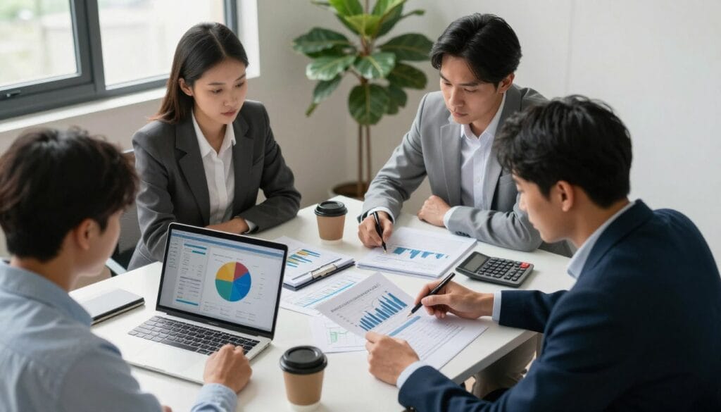 A professional, diverse group of three individuals gathered around a small table in a modern office setting, analyzing financial charts and spreadsheets related to small investments. In the foreground, they are focused and engaged, with a laptop open displaying a pie chart of expenses. The middle ground features neatly arranged documents, a calculator, and a coffee cup, conveying a sense of productivity. The background shows a window with natural light flooding in, casting soft shadows, and a green plant adding a touch of freshness. The atmosphere is collaborative yet serious, with the expression of the people reflecting determination and responsibility in managing fees and expenses. The scene is captured from a slightly elevated angle, emphasizing the business-like setup. A professional, diverse group of three individuals gathered around a small table in a modern office setting, analyzing financial charts and spreadsheets related to small investments. In the foreground, they are focused and engaged, with a laptop open displaying a pie chart of expenses. The middle ground features neatly arranged documents, a calculator, and a coffee cup, conveying a sense of productivity. The background shows a window with natural light flooding in, casting soft shadows, and a green plant adding a touch of freshness. The atmosphere is collaborative yet serious, with the expression of the people reflecting determination and responsibility in managing fees and expenses. The scene is captured from a slightly elevated angle, emphasizing the business-like setup.