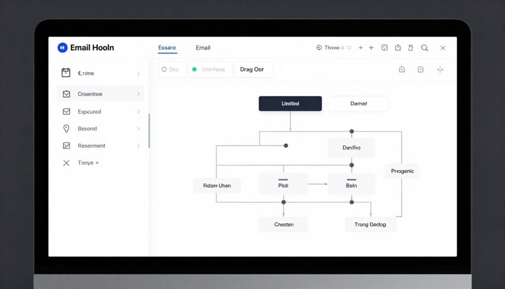 A professional email template editor on a computer screen showing drag-and-drop elements and automated workflow diagrams, clean business style. A professional email template editor on a computer screen showing drag-and-drop elements and automated workflow diagrams, clean business style.