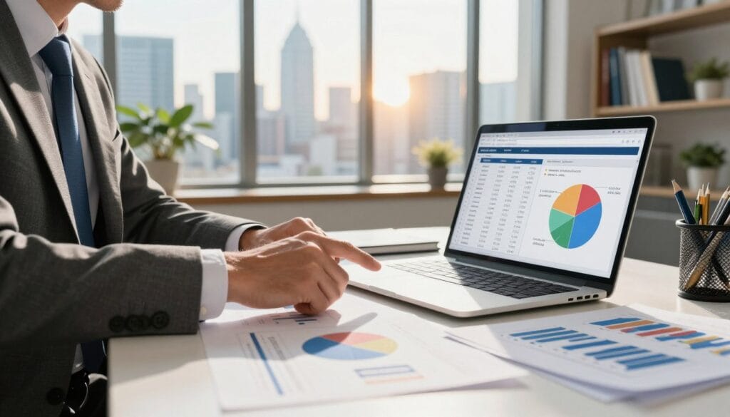 A professional financial analyst in a tailored business suit sits at a modern desk cluttered with charts, graphs, and a laptop open to a spreadsheet displaying dividend stock data. The foreground features a close-up of the analyst's hand pointing at a colorful pie chart representing sustainable income sources. In the middle, a large window reveals a vibrant city skyline bathed in warm afternoon light, casting soft shadows across the workspace. In the background, shelves filled with financial books and potted plants enhance the professional yet inviting atmosphere. The overall mood conveys determination and focus, emphasizing the analytical process of dividend stock evaluation for passive income. Use natural daylight to create a bright, uplifting ambiance. A professional financial analyst in a tailored business suit sits at a modern desk cluttered with charts, graphs, and a laptop open to a spreadsheet displaying dividend stock data. The foreground features a close-up of the analyst's hand pointing at a colorful pie chart representing sustainable income sources. In the middle, a large window reveals a vibrant city skyline bathed in warm afternoon light, casting soft shadows across the workspace. In the background, shelves filled with financial books and potted plants enhance the professional yet inviting atmosphere. The overall mood conveys determination and focus, emphasizing the analytical process of dividend stock evaluation for passive income. Use natural daylight to create a bright, uplifting ambiance.