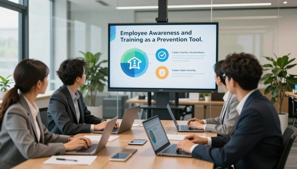 A professional office environment illustrating the concept of "Employee Awareness and Training as a Prevention Tool." In the foreground, a diverse group of three employees, dressed in smart business attire, engaged in an interactive training session using laptops and digital presentations. In the middle ground, a large screen displays cyber safety tips with colorful graphics symbolizing awareness. The background features a modern office with glass walls and plants, enhancing a fresh atmosphere. Soft, natural lighting filters through the windows, creating a warm and inviting mood. The scene captures a sense of teamwork and focus, emblematic of proactive data breach prevention strategies in action. Camera angle is slightly elevated, offering a comprehensive view of the training dynamic.