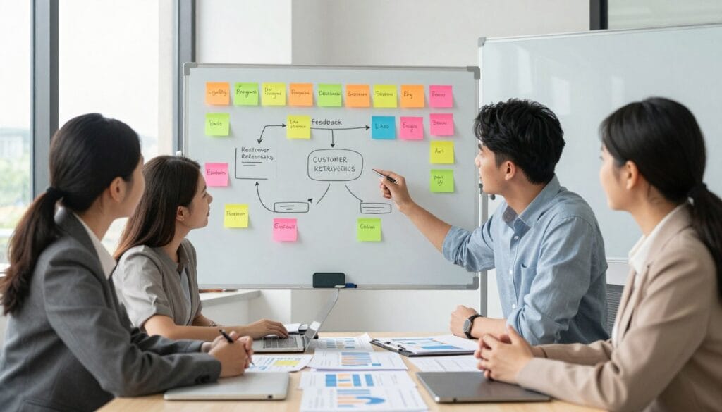 A professional office environment showcasing customer retention strategies. In the foreground, a diverse group of three business professionals - a woman in a tailored suit, a man in smart casual attire, and a woman in a business dress - actively discussing around a large table filled with charts and graphs depicting customer feedback and retention metrics. In the middle, a whiteboard filled with colorful sticky notes illustrating various retention strategies such as loyalty programs, personalized communications, and feedback loops. In the background, a large window with natural light streaming in, creating a warm, inviting atmosphere. The scene conveys collaboration, strategy, and innovation, with a focus on professionalism and teamwork. A professional office environment showcasing customer retention strategies. In the foreground, a diverse group of three business professionals - a woman in a tailored suit, a man in smart casual attire, and a woman in a business dress - actively discussing around a large table filled with charts and graphs depicting customer feedback and retention metrics. In the middle, a whiteboard filled with colorful sticky notes illustrating various retention strategies such as loyalty programs, personalized communications, and feedback loops. In the background, a large window with natural light streaming in, creating a warm, inviting atmosphere. The scene conveys collaboration, strategy, and innovation, with a focus on professionalism and teamwork.