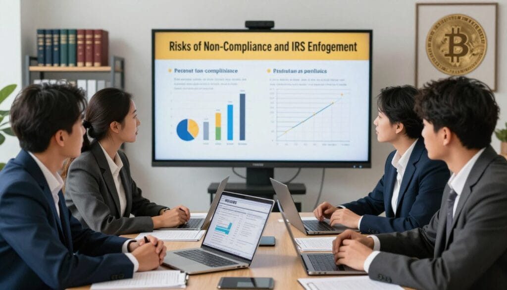 A professional office setting depicting the "Risks of Non-Compliance and IRS Enforcement" surrounding cryptocurrency tax regulations. In the foreground, a diverse group of four business professionals, dressed in smart business attire, are engaged in a serious discussion around a conference table, surrounded by papers and laptops showing cryptocurrency charts and IRS forms. In the middle, a large digital screen displays a warning graphic about IRS enforcement, with charts highlighting potential penalties and risks associated with tax non-compliance. In the background, soft-focus legal books and cryptocurrency-themed artwork provide context. The lighting is bright and polished, creating a serious yet informative atmosphere, while the angle is slightly elevated, allowing a comprehensive view of the discussion and visuals. A professional office setting depicting the "Risks of Non-Compliance and IRS Enforcement" surrounding cryptocurrency tax regulations. In the foreground, a diverse group of four business professionals, dressed in smart business attire, are engaged in a serious discussion around a conference table, surrounded by papers and laptops showing cryptocurrency charts and IRS forms. In the middle, a large digital screen displays a warning graphic about IRS enforcement, with charts highlighting potential penalties and risks associated with tax non-compliance. In the background, soft-focus legal books and cryptocurrency-themed artwork provide context. The lighting is bright and polished, creating a serious yet informative atmosphere, while the angle is slightly elevated, allowing a comprehensive view of the discussion and visuals.