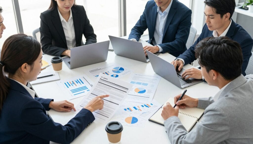 A professional office setting focused on a diverse group of business individuals in smart business attire, collaborating around a large table filled with grant application documents, laptops, and coffee cups. In the foreground, a woman is pointing to a highlighted section of a grant application, while a man takes notes intently. In the middle, various charts and graphs related to funding strategies adorn the table, reflecting the analytical aspect of the grant application process. In the background, a bright window allows natural light to flood in, enhancing a productive and optimistic atmosphere. The camera angle is slightly overhead, providing a clear view of the collaboration in action, conveying a sense of teamwork and determination. A professional office setting focused on a diverse group of business individuals in smart business attire, collaborating around a large table filled with grant application documents, laptops, and coffee cups. In the foreground, a woman is pointing to a highlighted section of a grant application, while a man takes notes intently. In the middle, various charts and graphs related to funding strategies adorn the table, reflecting the analytical aspect of the grant application process. In the background, a bright window allows natural light to flood in, enhancing a productive and optimistic atmosphere. The camera angle is slightly overhead, providing a clear view of the collaboration in action, conveying a sense of teamwork and determination.