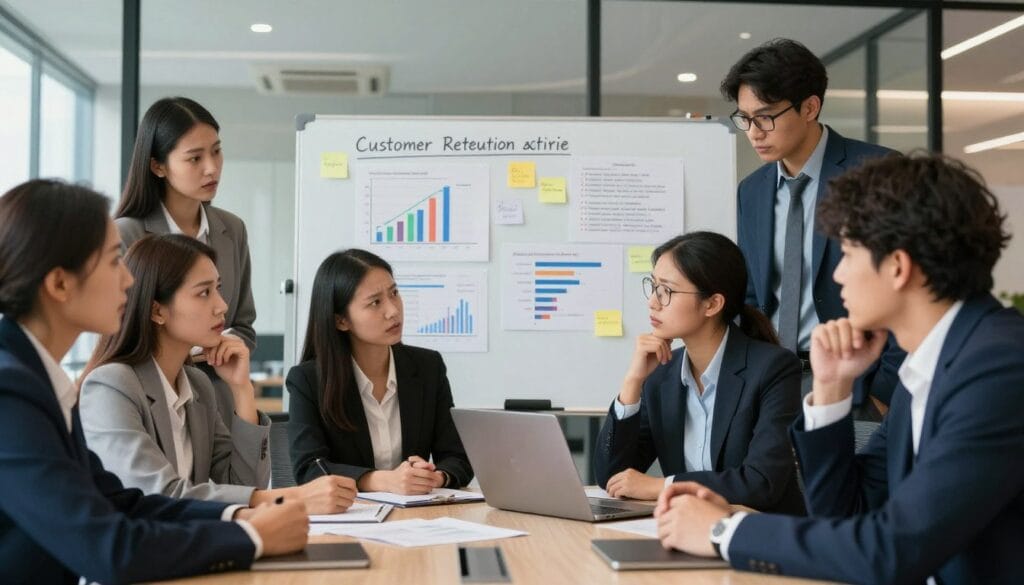 A professional office setting illustrating customer retention challenges. In the foreground, a diverse group of business professionals, dressed in smart business attire, are engaged in a brainstorming session around a large table, with expressions of concern and determination. In the middle, a whiteboard covered with charts and post-it notes showcases common customer retention issues like churn rates and customer feedback. The background reveals a modern office with glass walls, bringing in natural light while maintaining a warm, collaborative atmosphere. The lighting is soft and diffused, accentuating the seriousness of the meeting. The angle captures both the individuals and their discussion points, creating a dynamic scene that conveys a sense of urgency and teamwork in overcoming challenges.