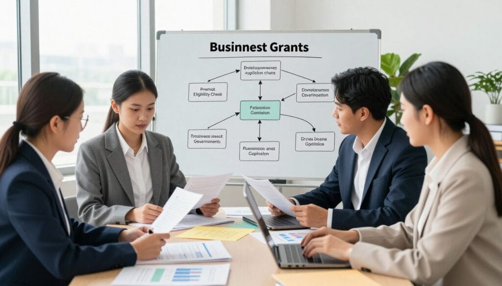 A professional office setting illustrating the step-by-step process of a business grant application. In the foreground, a diverse group of three individuals in business attire (a woman with glasses, a man holding papers, and a woman typing on a laptop) collaborates around a table stacked with colorful documents and charts. In the middle, a large whiteboard displays a flowchart outlining the grant application stages—from eligibility check to submission. In the background, bright windows let in natural light, creating an inviting atmosphere, while plants add vibrancy. Use a slight overhead angle to capture the dynamics of teamwork. The mood is focused and collaborative, ideal for illustrating a systematic approach to securing government grants. A professional office setting illustrating the step-by-step process of a business grant application. In the foreground, a diverse group of three individuals in business attire (a woman with glasses, a man holding papers, and a woman typing on a laptop) collaborates around a table stacked with colorful documents and charts. In the middle, a large whiteboard displays a flowchart outlining the grant application stages—from eligibility check to submission. In the background, bright windows let in natural light, creating an inviting atmosphere, while plants add vibrancy. Use a slight overhead angle to capture the dynamics of teamwork. The mood is focused and collaborative, ideal for illustrating a systematic approach to securing government grants.