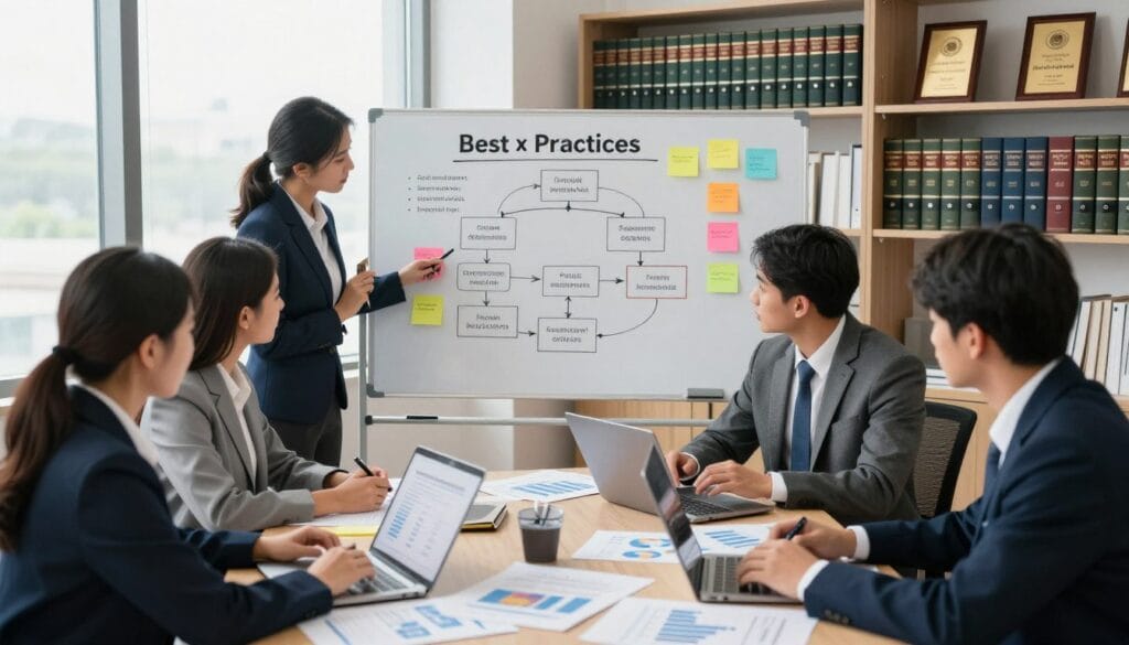 A professional office setting representing insurance companies focused on fraud prevention. In the foreground, a diverse group of business professionals in professional attire collaborates around a table filled with documents, graphs, and laptops, illustrating teamwork and strategy. In the middle ground, a whiteboard displays a flowchart of best practices for fraud detection, adorned with colorful sticky notes. The background features shelves with legal books and awards on display, conveying credibility and trust. Soft, natural lighting filters through large windows, creating a bright environment that feels inviting yet serious. The mood is focused and proactive, emphasizing a commitment to integrity in the insurance sector. The angle is slightly elevated to capture the collaborative spirit and the organized setup. A professional office setting representing insurance companies focused on fraud prevention. In the foreground, a diverse group of business professionals in professional attire collaborates around a table filled with documents, graphs, and laptops, illustrating teamwork and strategy. In the middle ground, a whiteboard displays a flowchart of best practices for fraud detection, adorned with colorful sticky notes. The background features shelves with legal books and awards on display, conveying credibility and trust. Soft, natural lighting filters through large windows, creating a bright environment that feels inviting yet serious. The mood is focused and proactive, emphasizing a commitment to integrity in the insurance sector. The angle is slightly elevated to capture the collaborative spirit and the organized setup.