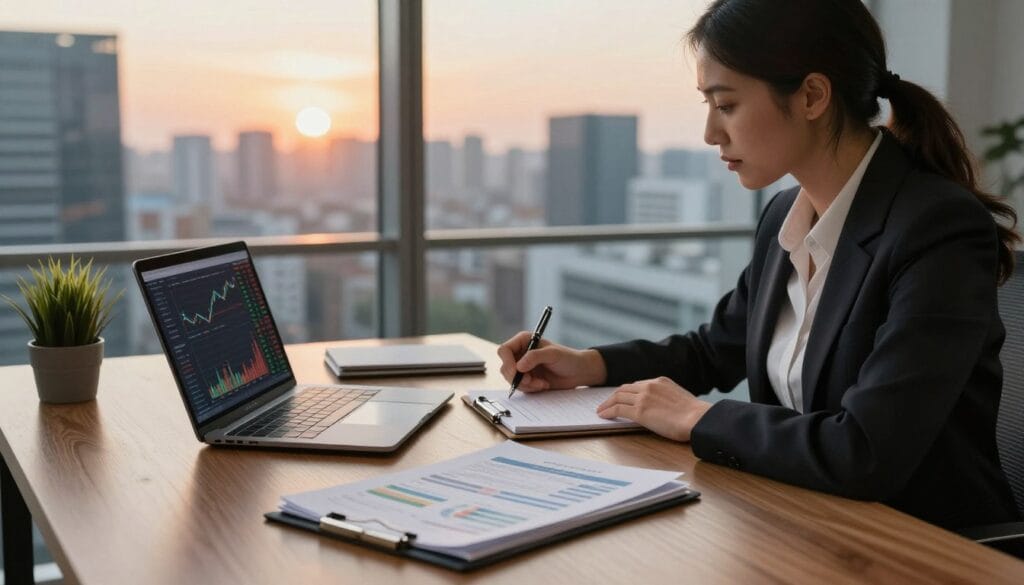 A professional office setting with a sleek wooden desk in the foreground, featuring a laptop displaying stock charts and dividend data. Beside the laptop, a carefully arranged stack of financial reports and a small decorative plant. In the middle, an analytical figure, a businesswoman in professional attire, engaged in thoughtful analysis of the stocks, holding a pen and making notes on a notepad. In the background, a large window reveals a panoramic cityscape, with a warm glow from the sunset reflecting off the buildings, creating an atmosphere of opportunity and financial success. The lighting is soft yet focused, highlighting the key elements of the scene, and the angle is slightly elevated, providing a comprehensive view of the workspace.