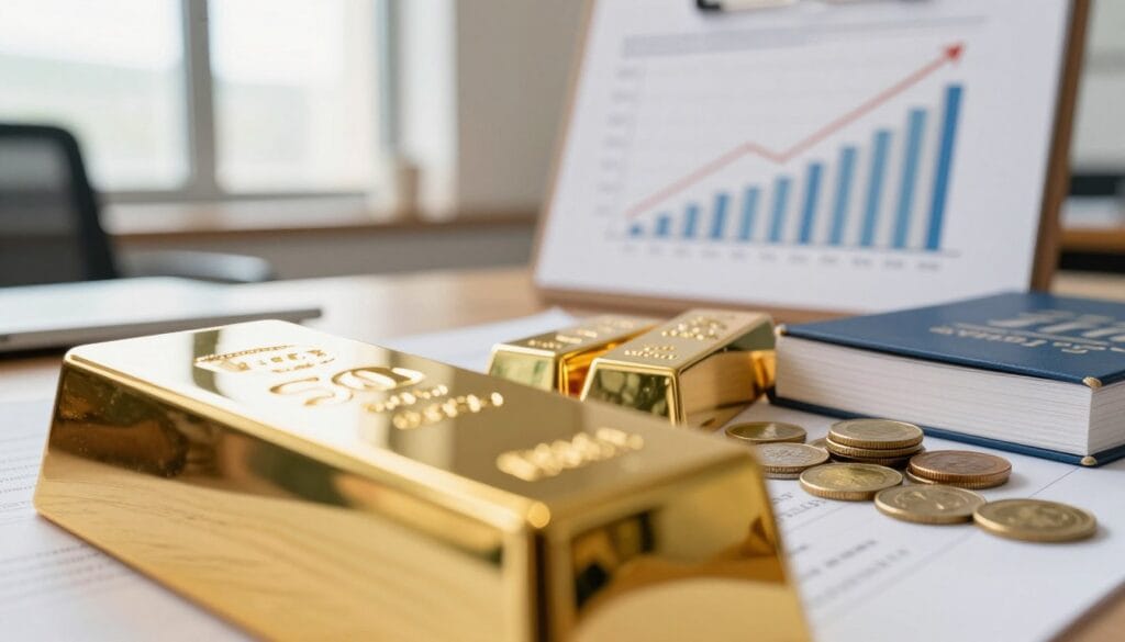 A professional setting featuring a gleaming gold bar prominently displayed in the foreground, with a close-up view to highlight its texture and shine. In the middle ground, a variety of gold coins and precious metal bars are arranged neatly, along with a small stack of investment books, showcasing investment strategies. The background includes a blurred office environment with a large chart displaying rising gold prices and commodities, emphasizing financial growth. Soft, natural lighting stream through a window, creating a warm and inviting atmosphere. The scene conveys a mood of professionalism and optimism in investment, ideal for beginners exploring options in gold and precious metals. A macro lens perspective enhances the feeling of depth and focus.