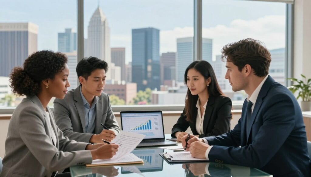 A professional setting showcasing a real estate investment scenario. In the foreground, a diverse group of four individuals, including a Black woman in a tailored suit, a Hispanic man in smart casual attire, an Asian woman in a professional dress, and a Caucasian man wearing a business suit, are gathered around a sleek glass table. They are discussing documents and a laptop displaying property investment graphs. In the middle ground, a large city skyline through a panoramic window reflects ambition and growth, with modern buildings under a clear blue sky. Soft natural light illuminates the scene, creating a warm, engaging atmosphere. The camera angle is slightly elevated, providing a comprehensive view of the collaborative environment, emphasizing teamwork and strategic planning in real estate investment. A professional setting showcasing a real estate investment scenario. In the foreground, a diverse group of four individuals, including a Black woman in a tailored suit, a Hispanic man in smart casual attire, an Asian woman in a professional dress, and a Caucasian man wearing a business suit, are gathered around a sleek glass table. They are discussing documents and a laptop displaying property investment graphs. In the middle ground, a large city skyline through a panoramic window reflects ambition and growth, with modern buildings under a clear blue sky. Soft natural light illuminates the scene, creating a warm, engaging atmosphere. The camera angle is slightly elevated, providing a comprehensive view of the collaborative environment, emphasizing teamwork and strategic planning in real estate investment.
