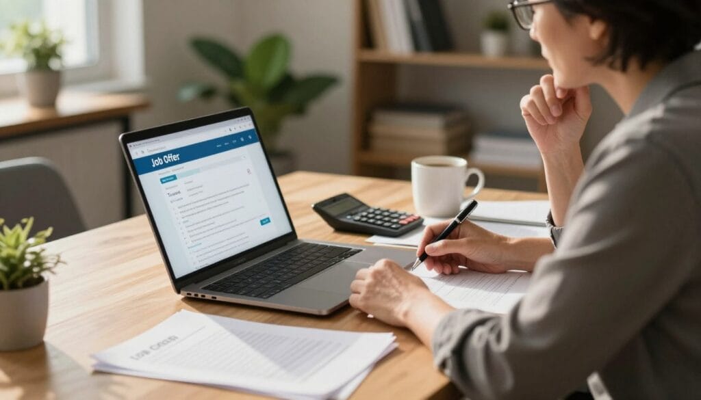 A professional setting showcasing a thoughtful individual evaluating a job offer salary. In the foreground, a middle-aged person in smart casual attire sits at a desk cluttered with paperwork, a laptop open with a job offer email displayed. They have a pen in hand, highlighting specific numbers, demonstrating contemplation. In the middle ground, a calculator and a coffee mug add to the atmosphere of focused assessment. The background features a softly lit office with plants and a bookshelf, creating a warm, inviting environment. The lighting is warm and natural, casting gentle shadows that evoke a feeling of introspection. The overall mood is serious yet hopeful, reflecting the importance of weighing options in professional growth.