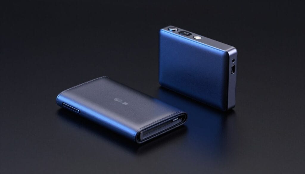 A professional studio photograph of a Ledger Nano X and a Trezor Model T hardware wallet placed on a sleek black surface with soft blue technological lighting, emphasizing high-end security and digital asset protection.
