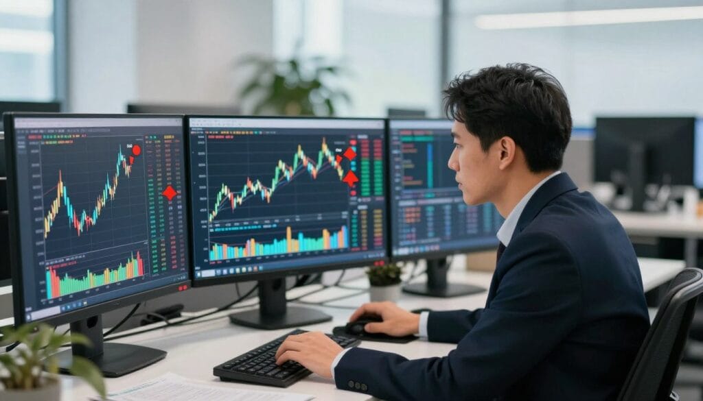 A professional trader analyzing charts on a computer screen, emphasizing risk management in swing trading. In the foreground, a focused individual in business attire is seated at a desk, studying candlestick graphs and risk management indicators with visible concentration. The middle ground features colorful charts and graphs displayed on multiple monitors, showcasing upward and downward trends with clear annotation of stop-loss points. The background presents a sleek modern office environment, vibrant with natural light filtering through large windows. The atmosphere is one of intensity and concentration, encapsulating the importance of strategic planning in trading. The image is captured with a shallow depth of field, softening the background to draw attention to the trader's engagement with the screens. A professional trader analyzing charts on a computer screen, emphasizing risk management in swing trading. In the foreground, a focused individual in business attire is seated at a desk, studying candlestick graphs and risk management indicators with visible concentration. The middle ground features colorful charts and graphs displayed on multiple monitors, showcasing upward and downward trends with clear annotation of stop-loss points. The background presents a sleek modern office environment, vibrant with natural light filtering through large windows. The atmosphere is one of intensity and concentration, encapsulating the importance of strategic planning in trading. The image is captured with a shallow depth of field, softening the background to draw attention to the trader's engagement with the screens.