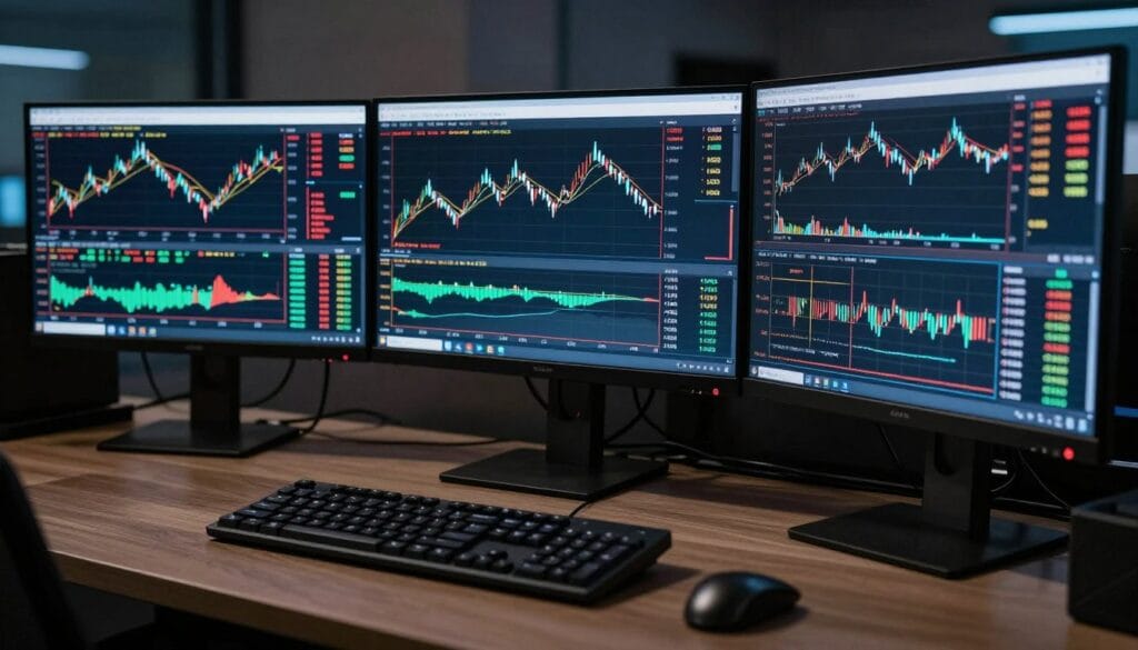 A professional trading workstation with three monitors displaying high-end trading software, complex candlestick charts, and technical analysis indicators like MACD and RSI, 4k resolution, cinematic lighting. A professional trading workstation with three monitors displaying high-end trading software, complex candlestick charts, and technical analysis indicators like MACD and RSI, 4k resolution, cinematic lighting.