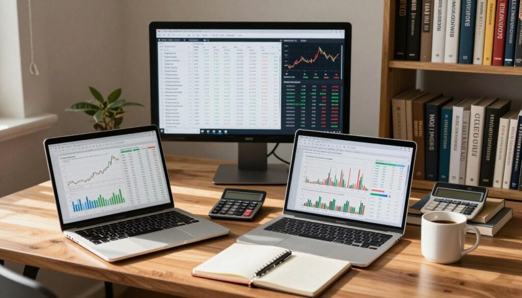 A professional workspace featuring a sleek wooden desk, lightly illuminated by natural sunlight. In the foreground, a laptop displaying financial analysis software, financial statements, and stock charts. Beside it, a variety of tools like a calculator, notepad, and a coffee mug, symbolizing analysis and strategy. The middle includes a large monitor with detailed stock screening grids and indicators, emphasizing evaluation methods for undervalued stocks. In the background, shelves lined with finance books and stock market references, creating an academic yet practical atmosphere. The lighting is warm, casting soft shadows, while the camera angle captures the workspace from a slightly elevated view, inspiring a sense of focus and productivity in exploring value investing. A professional workspace featuring a sleek wooden desk, lightly illuminated by natural sunlight. In the foreground, a laptop displaying financial analysis software, financial statements, and stock charts. Beside it, a variety of tools like a calculator, notepad, and a coffee mug, symbolizing analysis and strategy. The middle includes a large monitor with detailed stock screening grids and indicators, emphasizing evaluation methods for undervalued stocks. In the background, shelves lined with finance books and stock market references, creating an academic yet practical atmosphere. The lighting is warm, casting soft shadows, while the camera angle captures the workspace from a slightly elevated view, inspiring a sense of focus and productivity in exploring value investing.