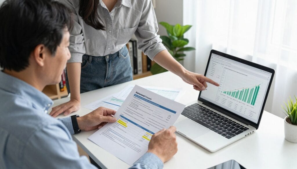 A professional workspace featuring a well-organized desk with various retirement savings account documents, tax efficiency charts, and a laptop displaying financial graphs. In the foreground, a middle-aged man in business attire analyzes reports intensively, while a woman in modest casual clothing stands beside him, pointing to a tax optimization strategy on the screen. The background shows a bookshelf filled with finance books and a potted plant to add warmth. Soft, natural lighting filters through a window, creating an inviting atmosphere. The camera angle is slightly elevated, focusing on the desk and the engaged duo, conveying a sense of collaboration and strategic planning for financial independence.