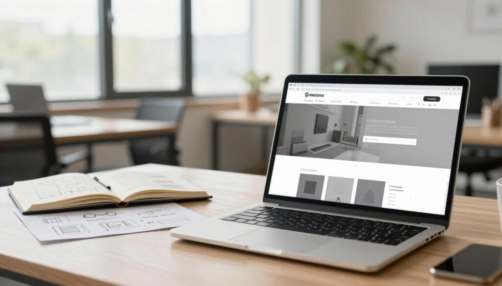 A professional workspace showcasing design limitations in a website builder context. In the foreground, a sleek laptop displays an unfinished website template with visible design flaws—misaligned elements, limited customization options, and placeholder images. In the middle, an open notebook filled with sketches and notes on site functionality and features, emphasizing usability challenges. The background features a modern office environment with soft, natural lighting filtering through large windows, creating a warm, inviting atmosphere. A light color palette blends with subtle shadows to instill a sense of reflection and consideration. This setup conveys a mood of introspection on the limitations of online store creation, suitable for business contexts.