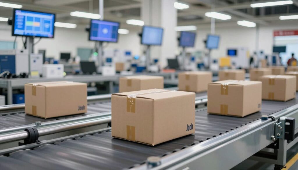 A realistic image of a high-tech logistics center in Hong Kong with labeled Joom boxes on a fast-moving conveyor belt, bright professional lighting, and digital tracking screens in the background. A realistic image of a high-tech logistics center in Hong Kong with labeled Joom boxes on a fast-moving conveyor belt, bright professional lighting, and digital tracking screens in the background.