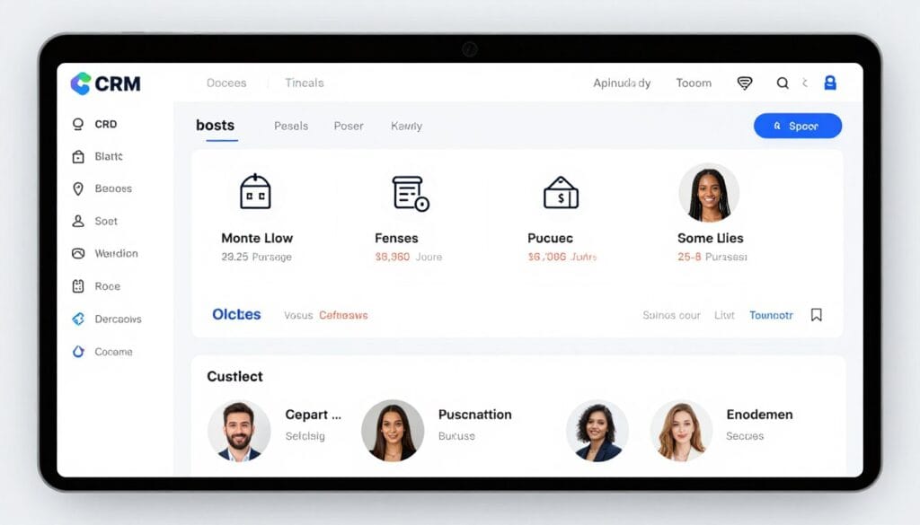 A screenshot of a modern, clean CRM dashboard displaying unified customer profiles and purchase history icons for a retail business.
