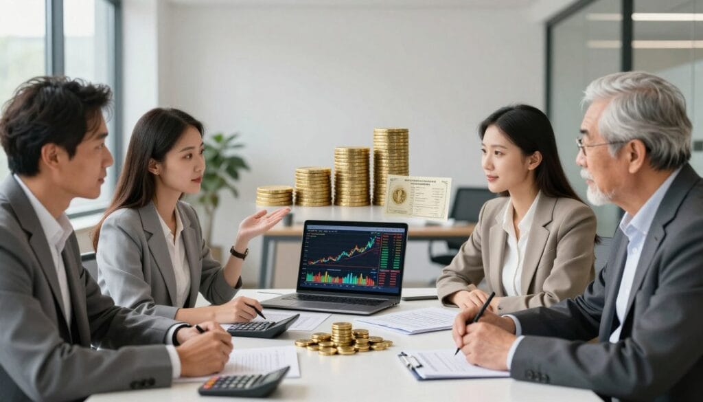 A serene and informative scene depicting a beginner's guide to investing in bonds and fixed income. In the foreground, a diverse group of three individuals—a middle-aged man, a young woman, and an elderly person—are seated around a table covered with financial documents, calculators, and a laptop showing a stock market graph. They are dressed in professional business attire, engaged in discussion with focused expressions. In the middle ground, a stack of gold coins and bond certificates symbolize security and investment growth. The background features a modern office setting with large windows allowing natural light to illuminate the space, casting soft shadows. The atmosphere is calm, encouraging a sense of learning and collaboration in financial literacy. The scene should evoke professionalism and a welcoming vibe.