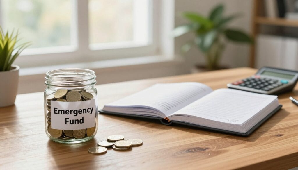 A serene and organized home office setting that conveys financial security. In the foreground, a clear glass jar filled with cash and coins labeled "Emergency Fund" rests on a polished wooden desk, symbolizing savings. The middle ground features a well-structured planner opened with neatly written financial goals and a calculator beside it, signifying planning and strategy. In the background, a large window allows warm natural light to flood the room, illuminating a potted plant that adds a touch of life and positivity. The atmosphere is calm and motivational, emphasizing a proactive approach to financial health. The overall composition should create a sense of encouragement and empowerment, without any text or branding.