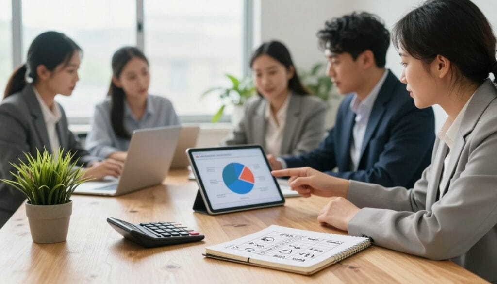 A serene and organized workspace depicting emergency fund savings strategies. In the foreground, a wooden desk is neatly arranged with a calculator, a notebook with hand-written budgeting strategies, and a small plant for a touch of nature. In the middle ground, a diverse group of individuals in professional business attire are engaged in a discussion, pointing at a digital tablet displaying a pie chart of savings allocation. The background features a bright and airy office space with large windows allowing soft, natural light to illuminate the scene, creating a calm atmosphere. The overall mood is focused and collaborative, emphasizing the importance of wisely using savings for emergencies. A serene and organized workspace depicting emergency fund savings strategies. In the foreground, a wooden desk is neatly arranged with a calculator, a notebook with hand-written budgeting strategies, and a small plant for a touch of nature. In the middle ground, a diverse group of individuals in professional business attire are engaged in a discussion, pointing at a digital tablet displaying a pie chart of savings allocation. The background features a bright and airy office space with large windows allowing soft, natural light to illuminate the scene, creating a calm atmosphere. The overall mood is focused and collaborative, emphasizing the importance of wisely using savings for emergencies.